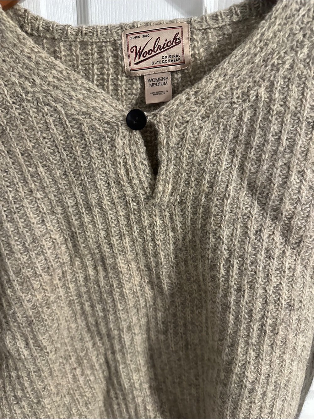 Woolrich Neutral Ribbed Wool Pullover with Single Button V-Notch - Picture 3 of 7